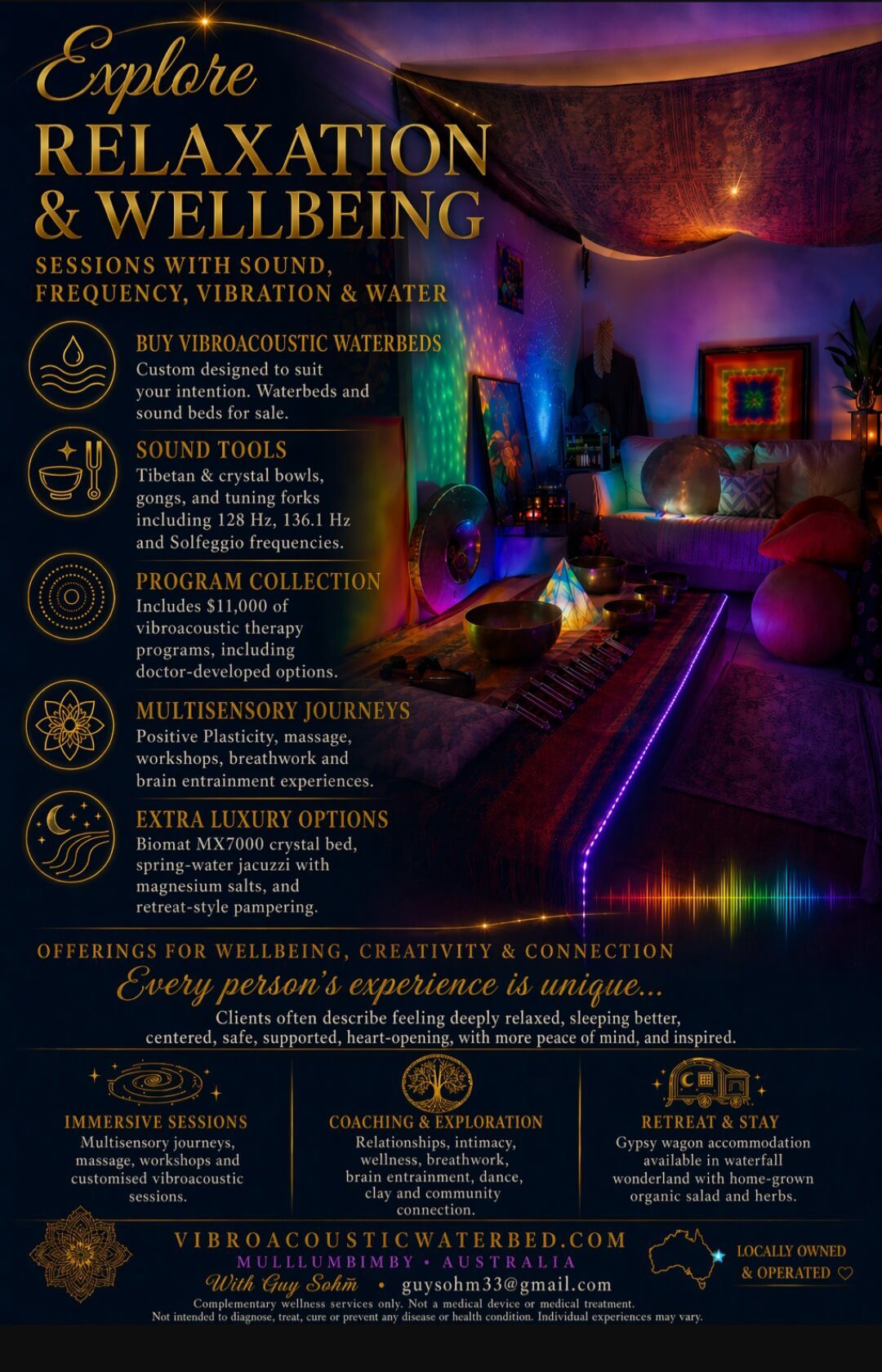 Vibroacoustic waterbed and sound bed therapy and sales in Mullumbimby near Byron Bay NSW, with sound bowls, tuning forks, vibration, water, relaxation sessions and custom vibroacoustic beds for sale