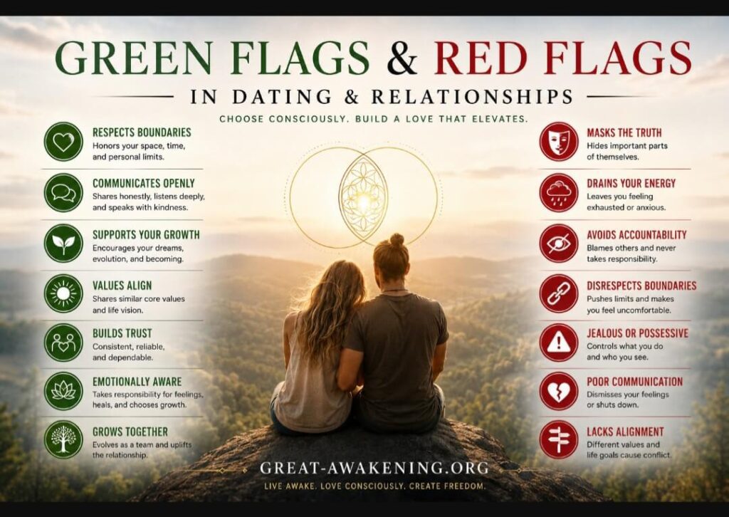 Conscious dating and relationship green flags and red flags infographic showing healthy communication, emotional awareness, aligned values, boundaries,